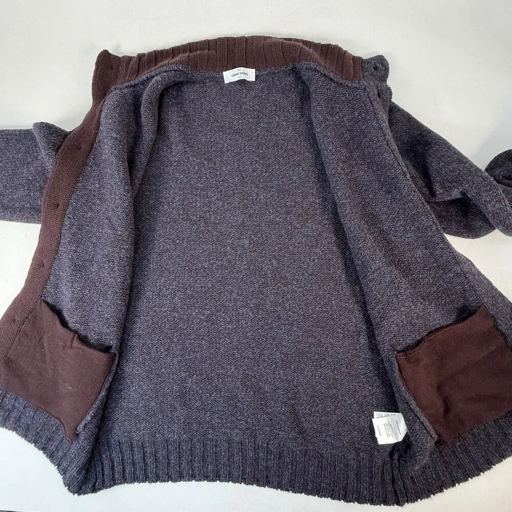 Gran Sasso Mens 54/L Virgin Wool Full Button Front Sweater Navy Burgundy Italy